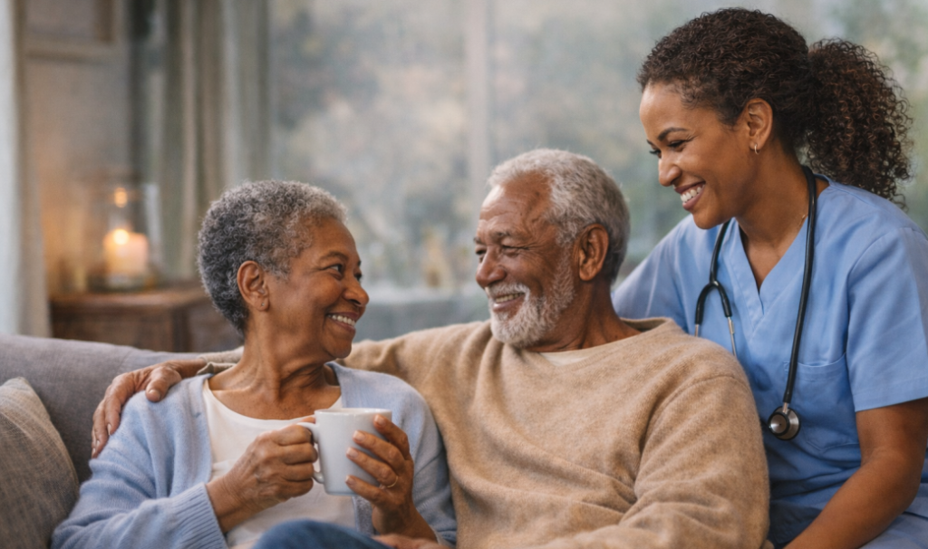 A calm moment at home with an older Black couple supported by an in-home nurse during post-holiday routine adjustment.