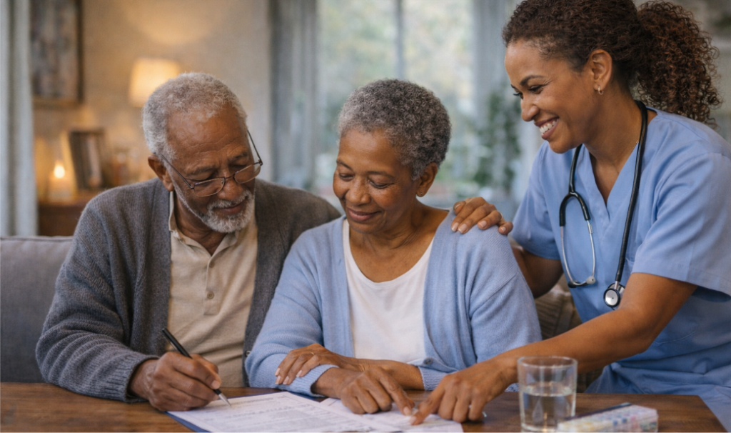 Older Black couple reviewing paperwork at home with support from an in-home nurse, representing long-term home care support