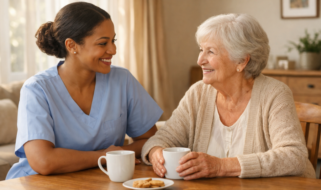 Professional in-home caregiver sitting beside an older adult in a calm, sunlit home environment, engaged in relaxed conversation.