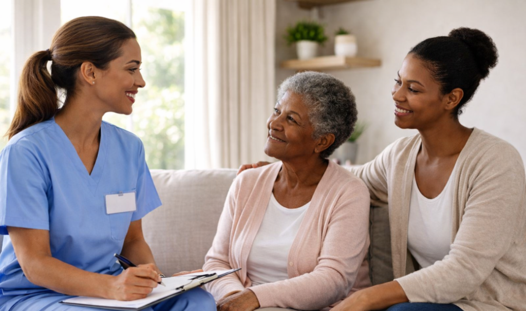 Professional caregiver discussing home care support with a family and elderly loved one in a Gauteng home