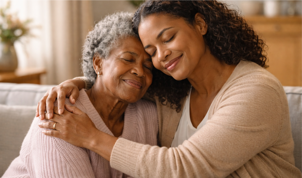 Adult daughter hugging her older mother on a sofa in a warm, sunlit home, showing comfort and support.