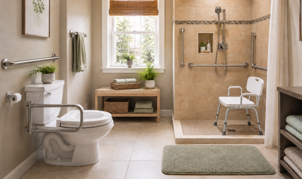 Accessible bathroom with grab rails, shower chair and safe toileting support features for fall prevention at home.