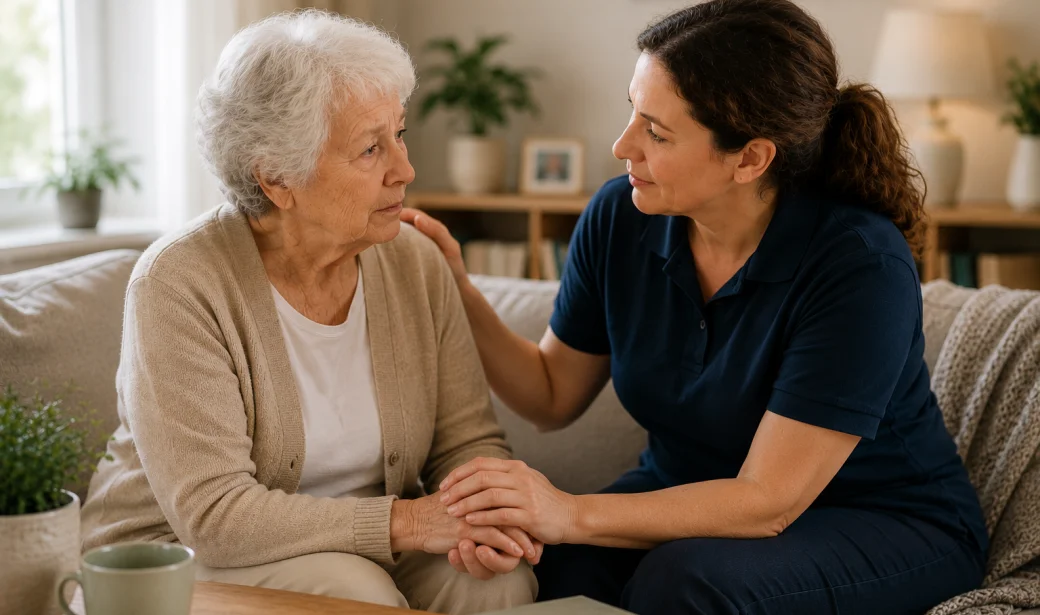 Caregiver gently holding an older woman’s hands during dementia care at home in a calm living room.