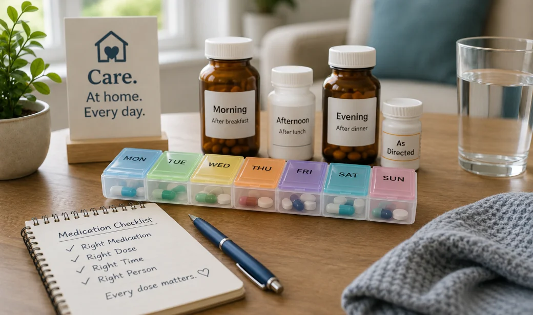 Medication organiser and daily medication routine setup on a table in a calm home care environment.