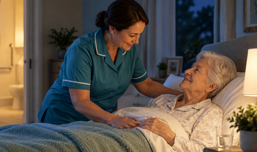 Caregiver providing overnight home care support to an elderly woman resting safely in bed.