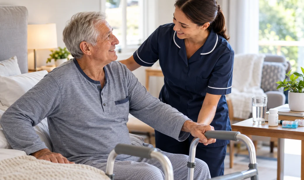Caregiver supporting a patient at home after hospital discharge