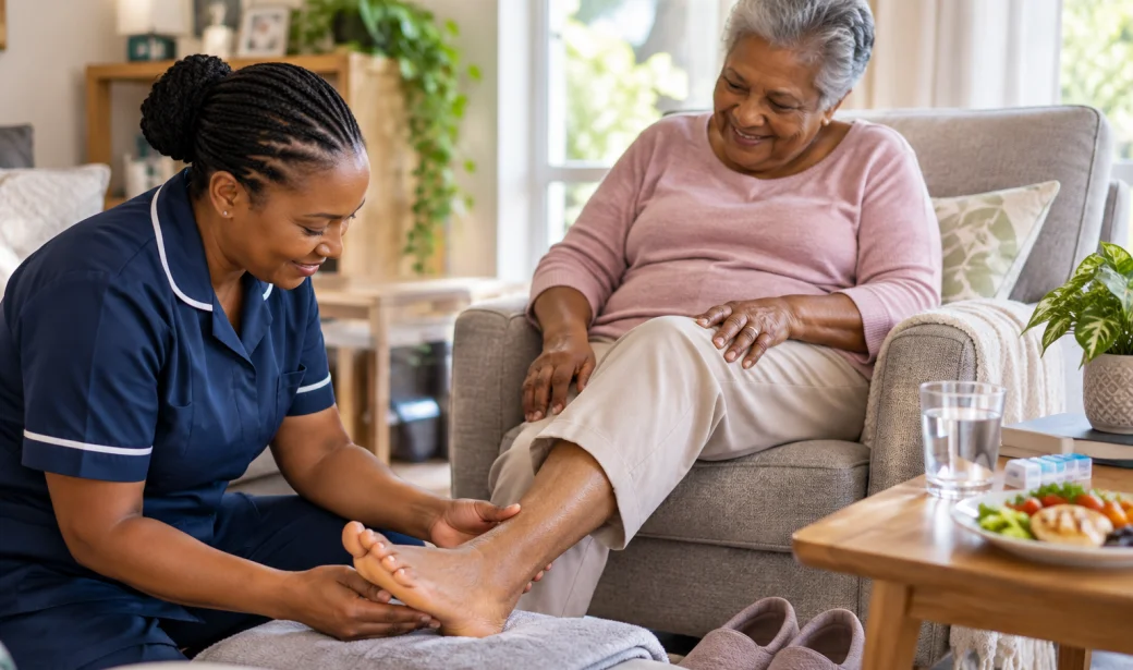 Caregiver helping an older adult with daily diabetes care at home