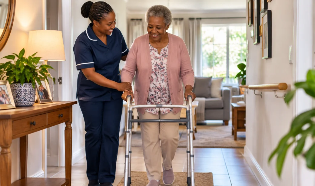 Caregiver helping an older adult move safely through their home